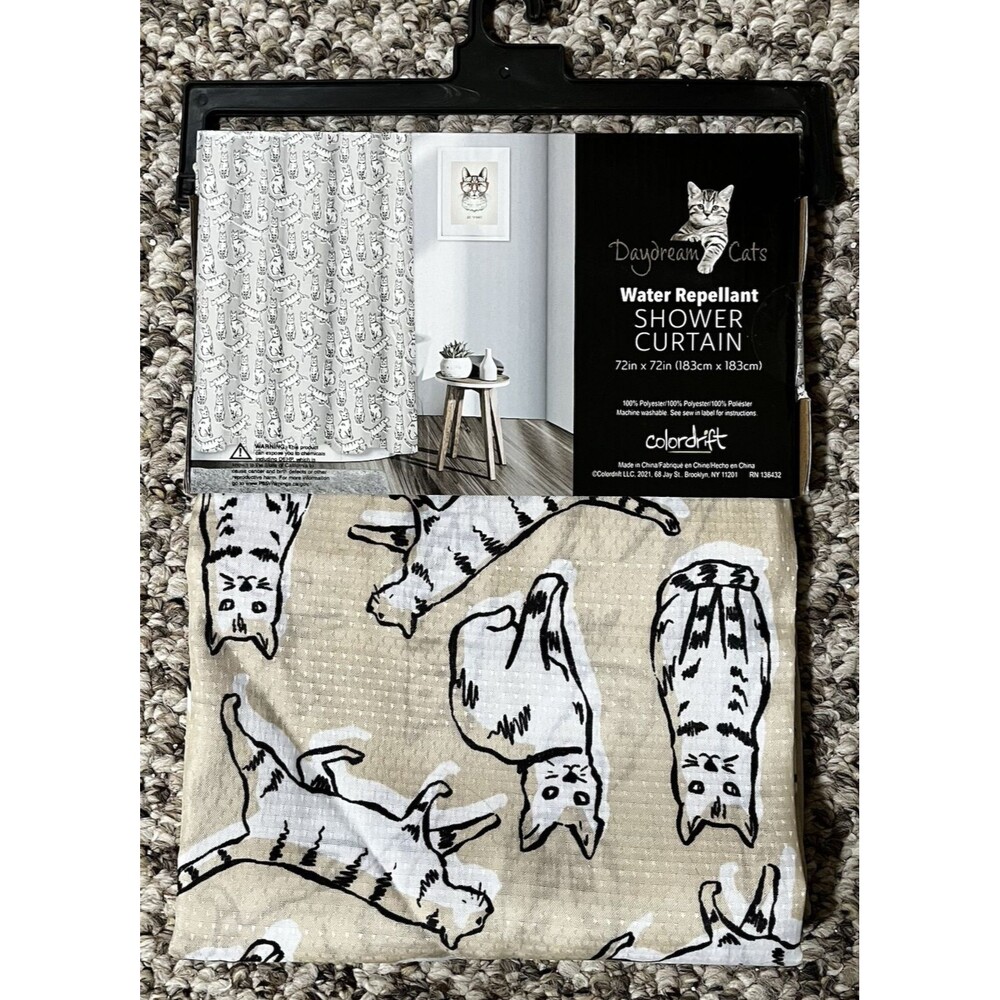 Vintage Colordrift Fabric Shower Curtain Cat-Themed Daydream Cats 72x72"